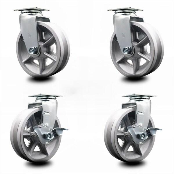 Service Caster 6 Inch V-Groove Semi Steel Swivel Caster Set with Roller Bearings 2 Brakes SCC SCC-20S620-VGR-2-TLB-2 - main